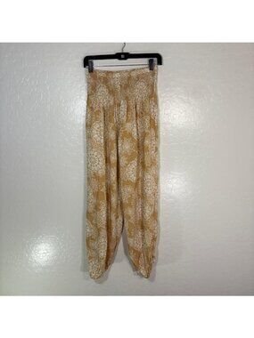 Lotus And Luna Pants Womens One Size Beige Floral Boho Rayon Harem Elastic Waist